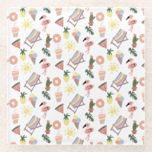 Dessous-de-verre En Verre Flamant rose d'été Doodles tirés à la main