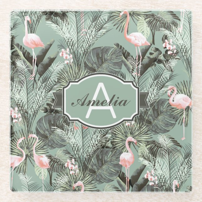 Dessous-de-verre En Verre Flamant rose Orchidée Tropical Motif Sage ID868 (Devant)