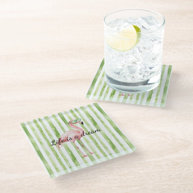 Dessous-de-verre En Verre Flamant rose rose blanc vert (Incliné)
