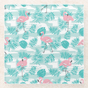 Dessous-de-verre En Verre flamants roses, feuilles de palmiers verts, tropic