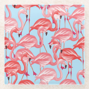 Dessous-de-verre En Verre Flamants roses roses lumineux sur le bleu 2