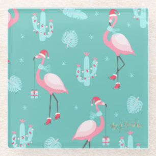 Dessous-de-verre En Verre Flamants roses Santa Hat présente des flocons de n