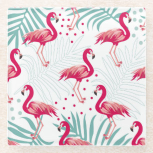 Dessous-de-verre En Verre Flamingo tropical et feuille, motif d'été.