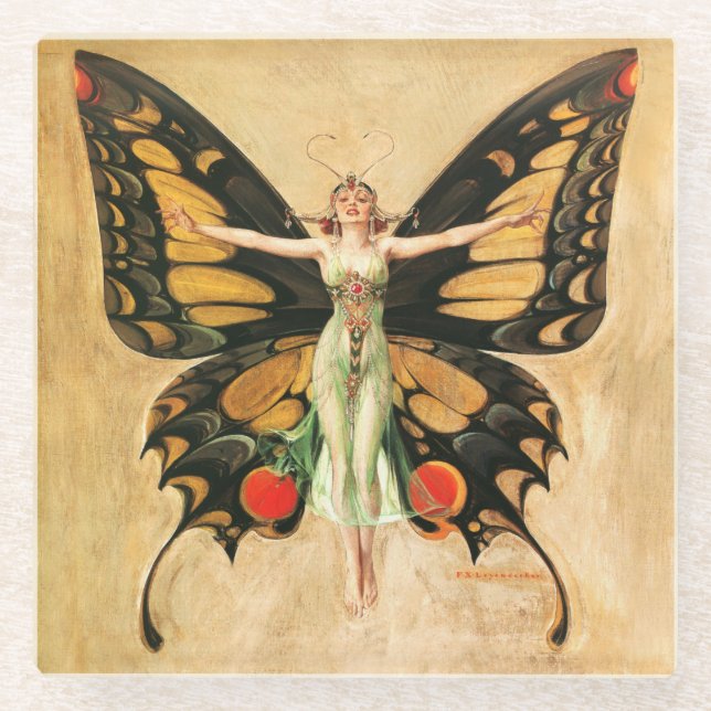 Dessous-de-verre En Verre Flapper Butterfly Flying Woman Illustration (Devant)