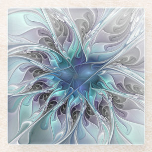 Dessous-de-verre En Verre Fleur Abstraite Fractale Moderne Avec Bleu