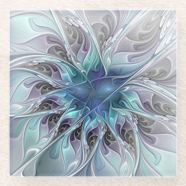 Dessous-de-verre En Verre Fleur Abstraite Fractale Moderne Avec Bleu (Devant)