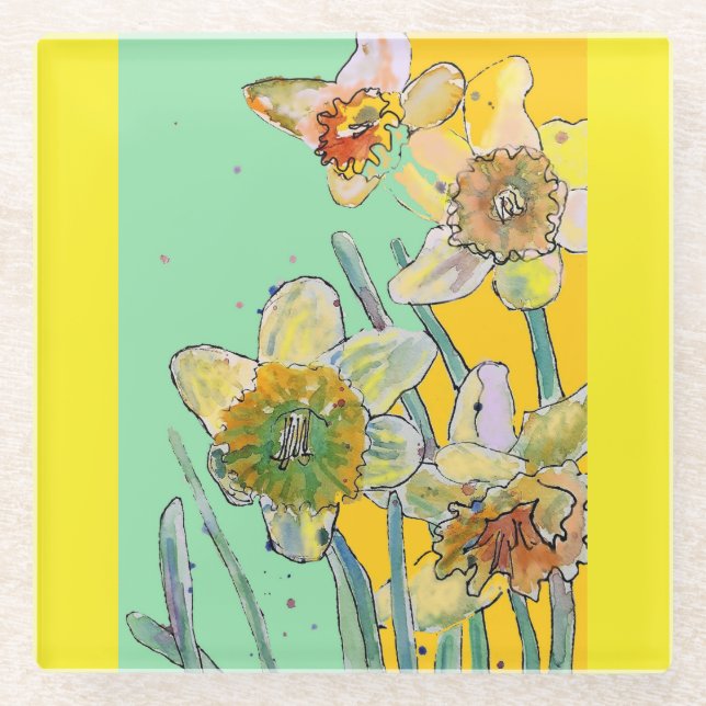 Dessous-de-verre En Verre Fleur de jonquille à l'aquarelle Floral Aqua Jaune (Devant)