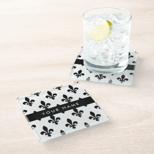 Dessous-de-verre En Verre Fleur de Lis, Noir sur Blanc, Noir, Votre Nom