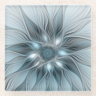 Dessous-de-verre En Verre Fleur Joyeuse Abstrait gris bleu floral Fractal