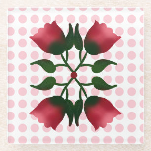 Dessous-de-verre En Verre Fleur retro rouge, art folklorique avec motif à po