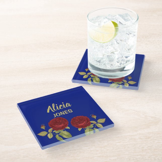 Dessous-de-verre En Verre Fleur rouge et bleu feuille (Incliné)