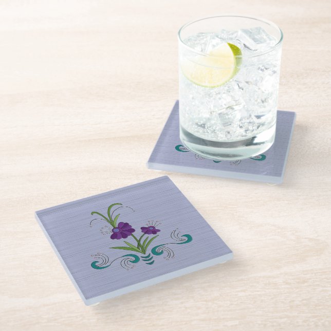 Dessous-de-verre En Verre Fleur violette joueuse avec des persiennes Turquoi (Incliné)