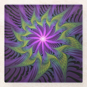 Dessous-de-verre En Verre Fleuron vert violet Art Abstrait fractal moderne