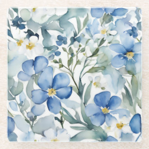 Dessous-de-verre En Verre Fleurs Blanches Bleues Aquarelle Chic