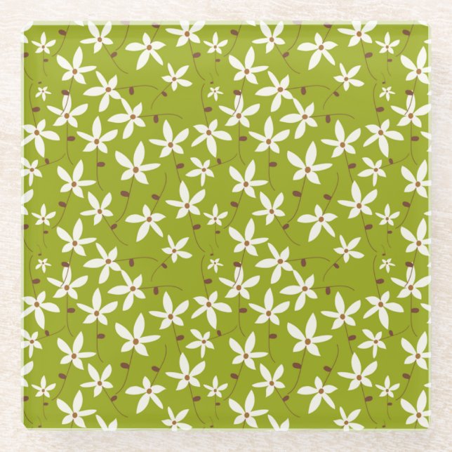 Dessous-de-verre En Verre Fleurs blanches sur Green Motif Retro (Devant)