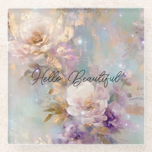 Dessous-de-verre En Verre Fleurs blanches violettes d'or féminin (Devant)