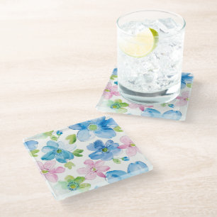 Dessous-de-verre En Verre Fleurs Bleues Roses Chic