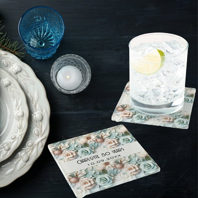 Dessous-de-verre En Verre Fleurs crème verte poussiéreuse nom d'anniversaire (Créateur téléchargé)