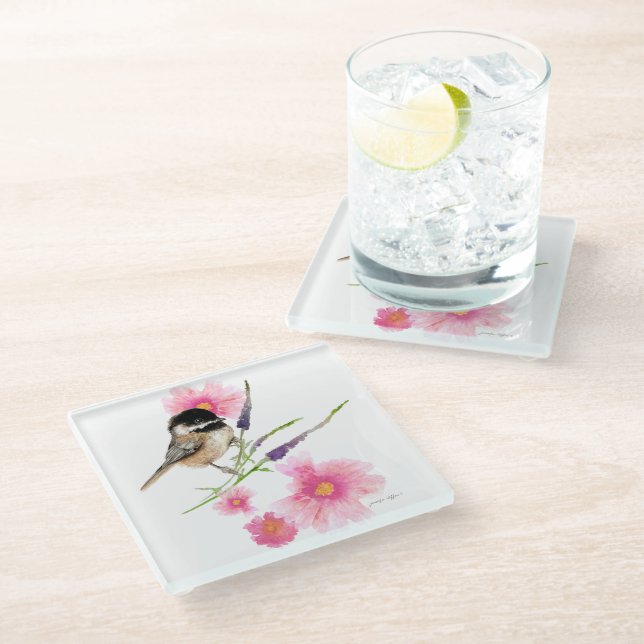 Dessous-de-verre En Verre Fleurs d'aquarelle de poulet mignonne (Incliné)