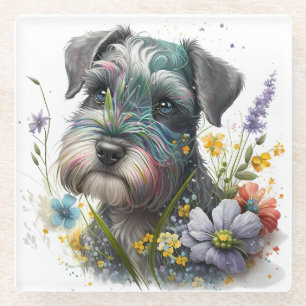 Dessous-de-verre En Verre Fleurs d'aquarelle et chiot Schnauzer