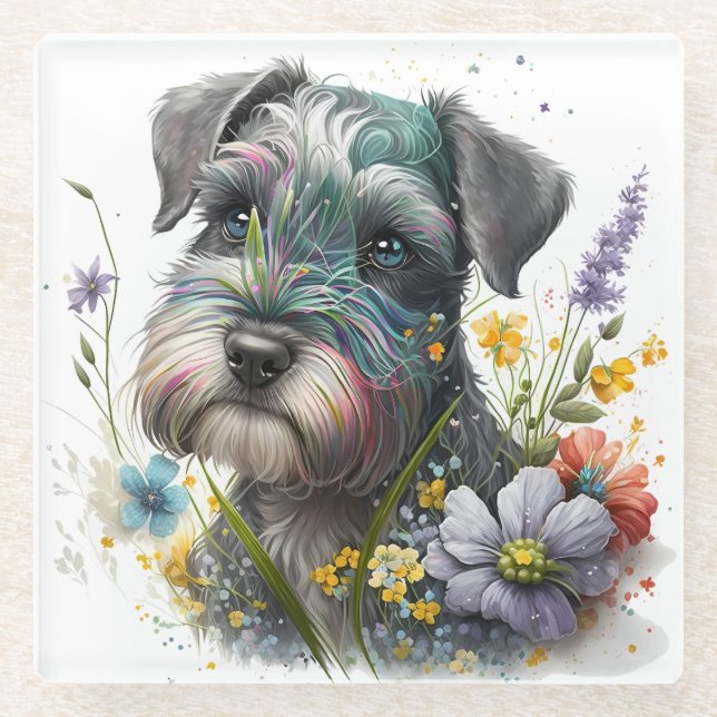 Dessous-de-verre En Verre Fleurs d'aquarelle et chiot Schnauzer (Devant)