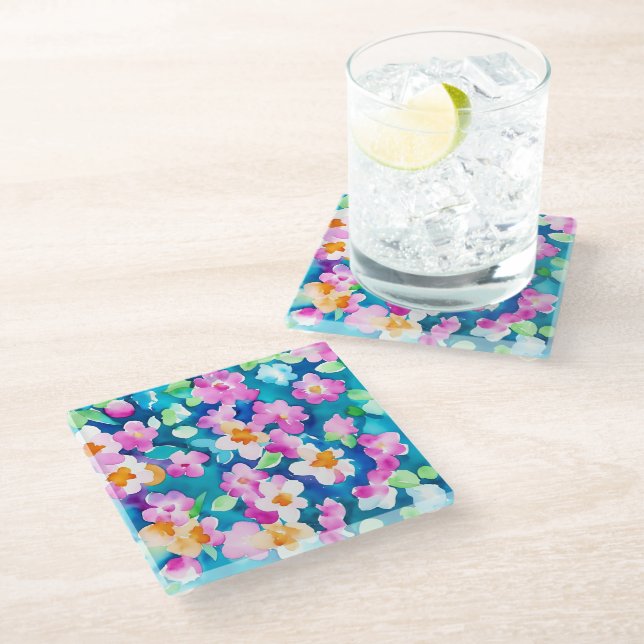 Dessous-de-verre En Verre Fleurs d'aquarelle rose et jolie (Incliné)