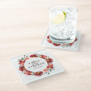 Dessous-de-verre En Verre Fleurs d'aquarelle rouge profond Mariage Wreath
