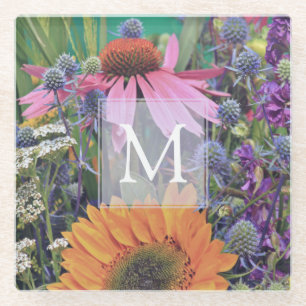 Dessous-de-verre En Verre Fleurs de monogramme colorées vives