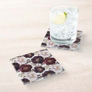 Dessous-de-verre En Verre fleurs de pivoines bordeaux avec paillettes dorées