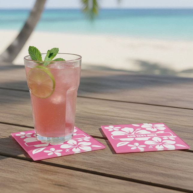 Dessous-de-verre En Verre Fleurs de plage rose tropical (frosted glass pink beach coasters)