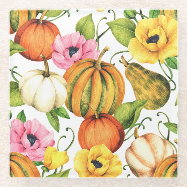 Dessous-de-verre En Verre Fleurs de soleil citrouilles : Aquarelle Motif des (Devant)