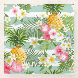 Dessous-de-verre En Verre Fleurs et ananas tropicaux sur les rayures 2 de