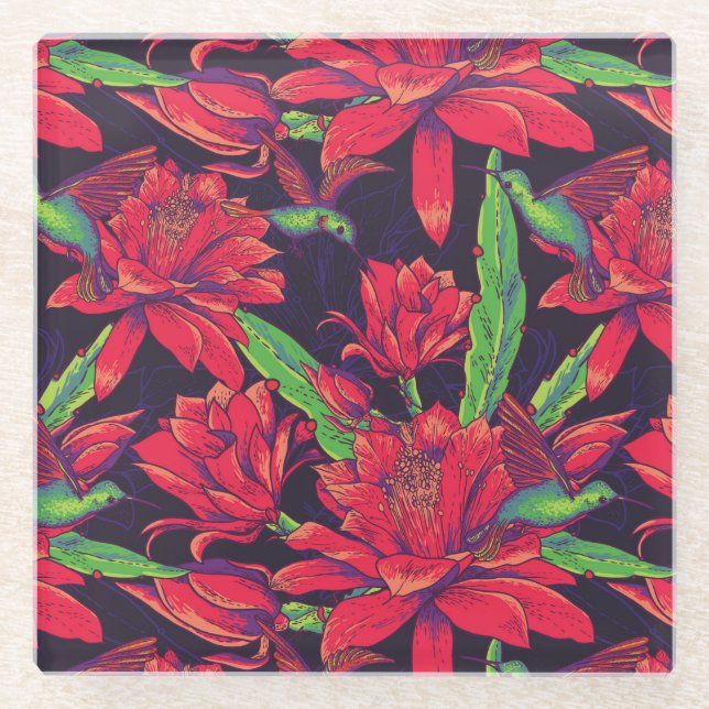 Dessous-de-verre En Verre Fleurs et colibris (Devant)