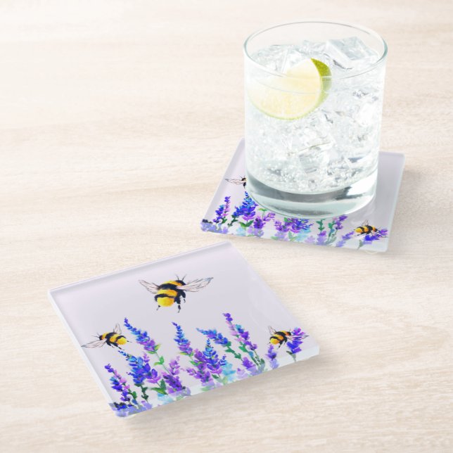 Dessous-de-verre En Verre Fleurs et Dessous de verre en verre d'abeilles (Incliné)