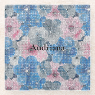 Dessous-de-verre En Verre Fleurs roses bleues scintillent