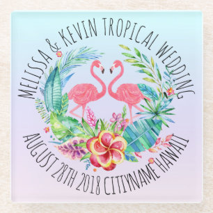 Dessous-de-verre En Verre Fleurs tropicales Serre et Flamants roses roses