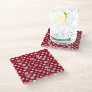 Dessous-de-verre En Verre Flocons de neige vintage sur fond rouge