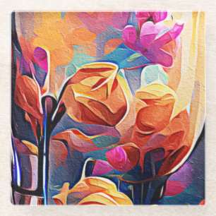 Dessous-de-verre En Verre Floral Abstract Art Orange Red Blue Flowers