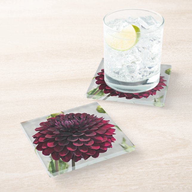 Dessous-de-verre En Verre Floral de dahlia rouge foncé (Incliné)