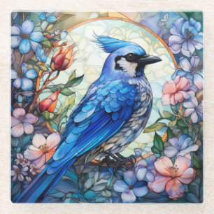 Dessous-de-verre En Verre Floral rose Bleu Jay Vitrail