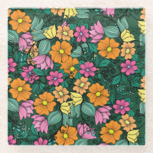 Dessous-de-verre En Verre Floral vibrant : Vert Arrière - plan Vintage.