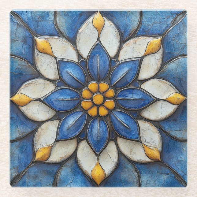 Dessous-de-verre En Verre Flore Azulejo bleu blanc et jaune (Devant)