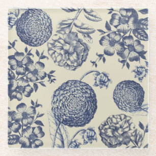 Dessous-de-verre En Verre Flore d'impression florale de fleurs bleues antiqu