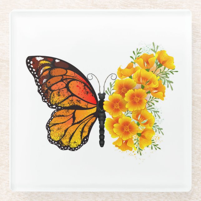 Dessous-de-verre En Verre Flower Butterfly with Yellow California Poppy (Devant)