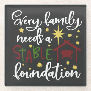 Dessous-de-verre En Verre Fondation stable de Noël de la famille chrétienne