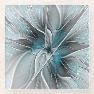 Dessous-de-verre En Verre Fractal Floral Moderne Abstrait Fleur Bleu Gris