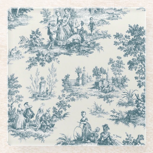 Dessous-de-verre En Verre Français toile de jouy sage vert élégant (Devant)