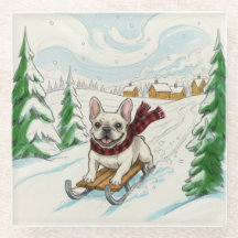 French Bulldog Sledding, Glass Coaster