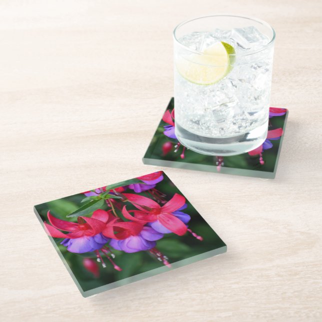 Dessous-de-verre En Verre Fuchsia violette avec sépales roses Floral (Incliné)