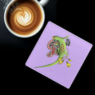 Dessous-de-verre En Verre Gecko Tribal Lavande Vert Rouge